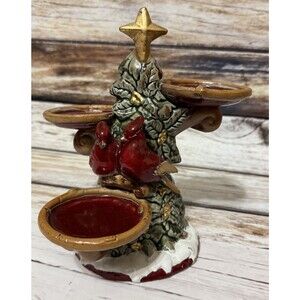 Vintage Majolica Ceramic Christmas Tree With Cardinal Birds Candle Holders 9”